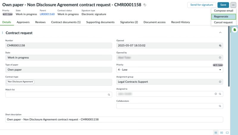 Gere novamente o documento de contrato em uma solicitação de contrato