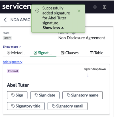 Cartão do signatário em ServiceNow Add-in Contratos