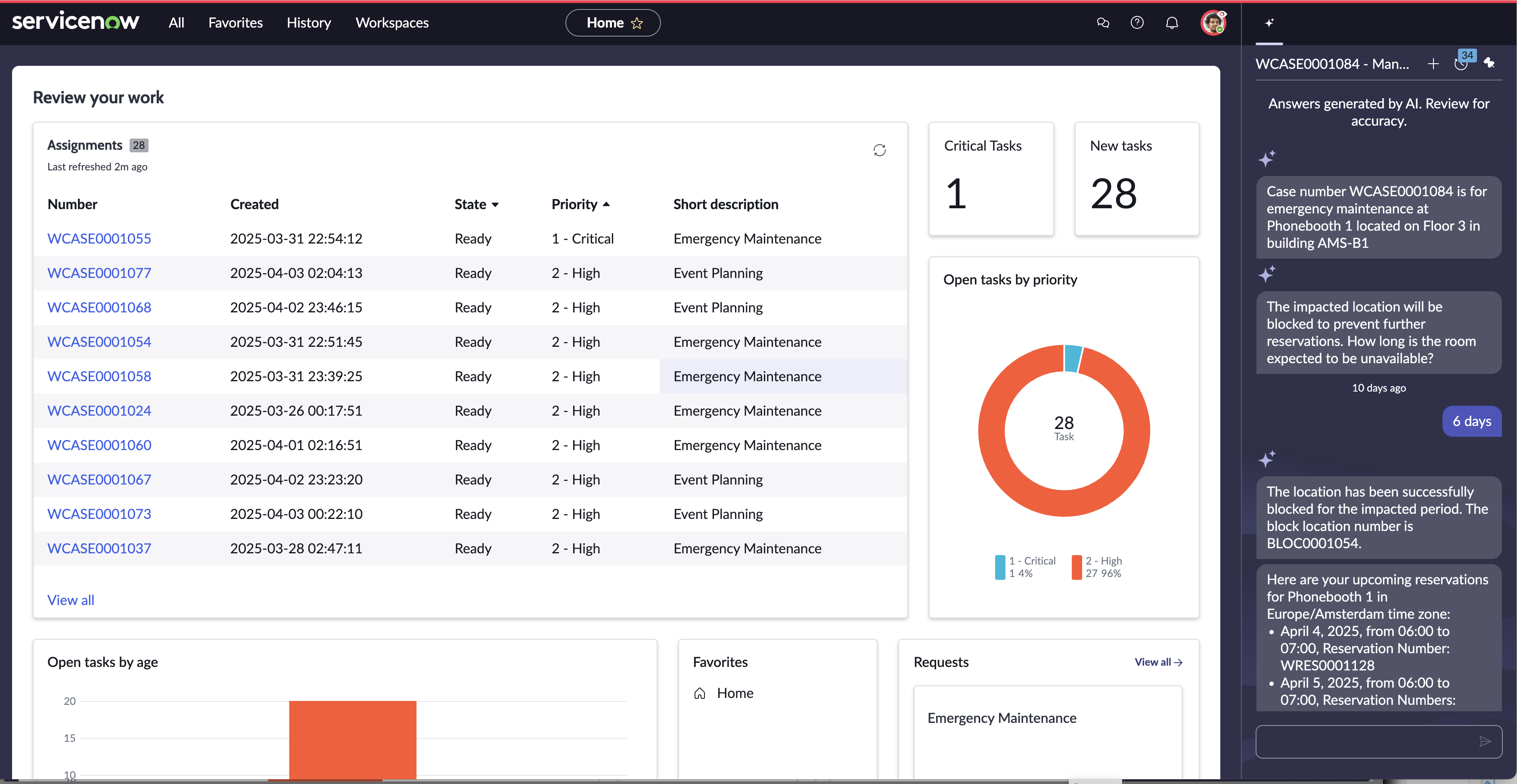 Agentes de IA confirmando locais bloqueados para com Planejadores de eventos no local de trabalho usando o painel do Now Assist.