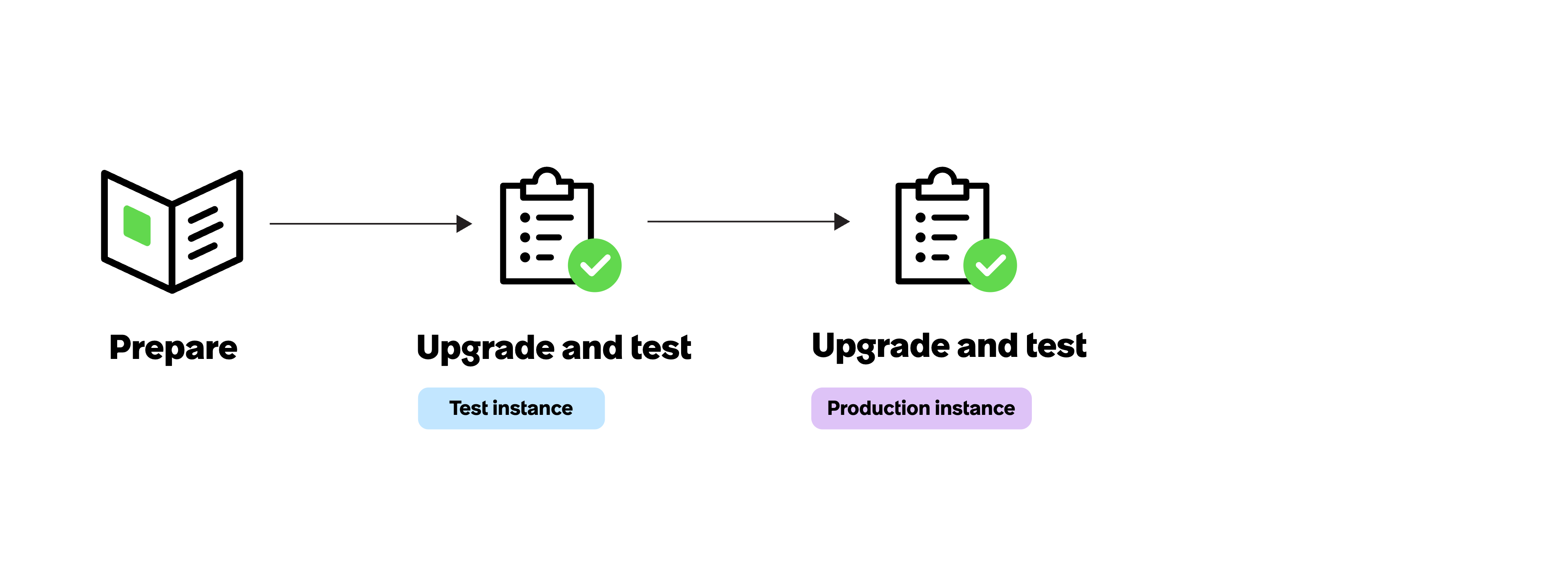 Prepare, upgrade and test the test instance, upgrade and test production instance