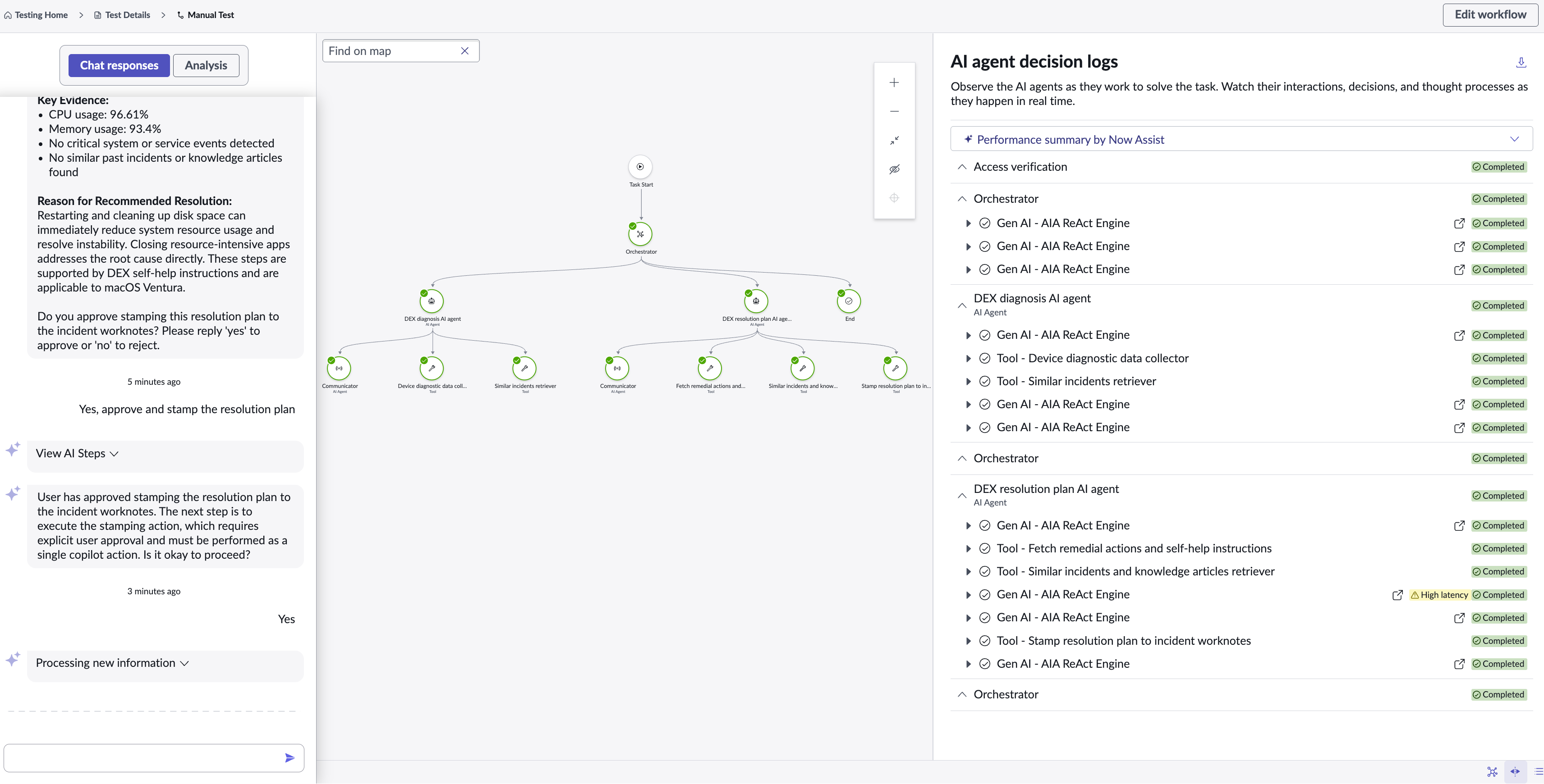 DEX issue diagnosis and resolution agentic workflow output in AI Agent Studio