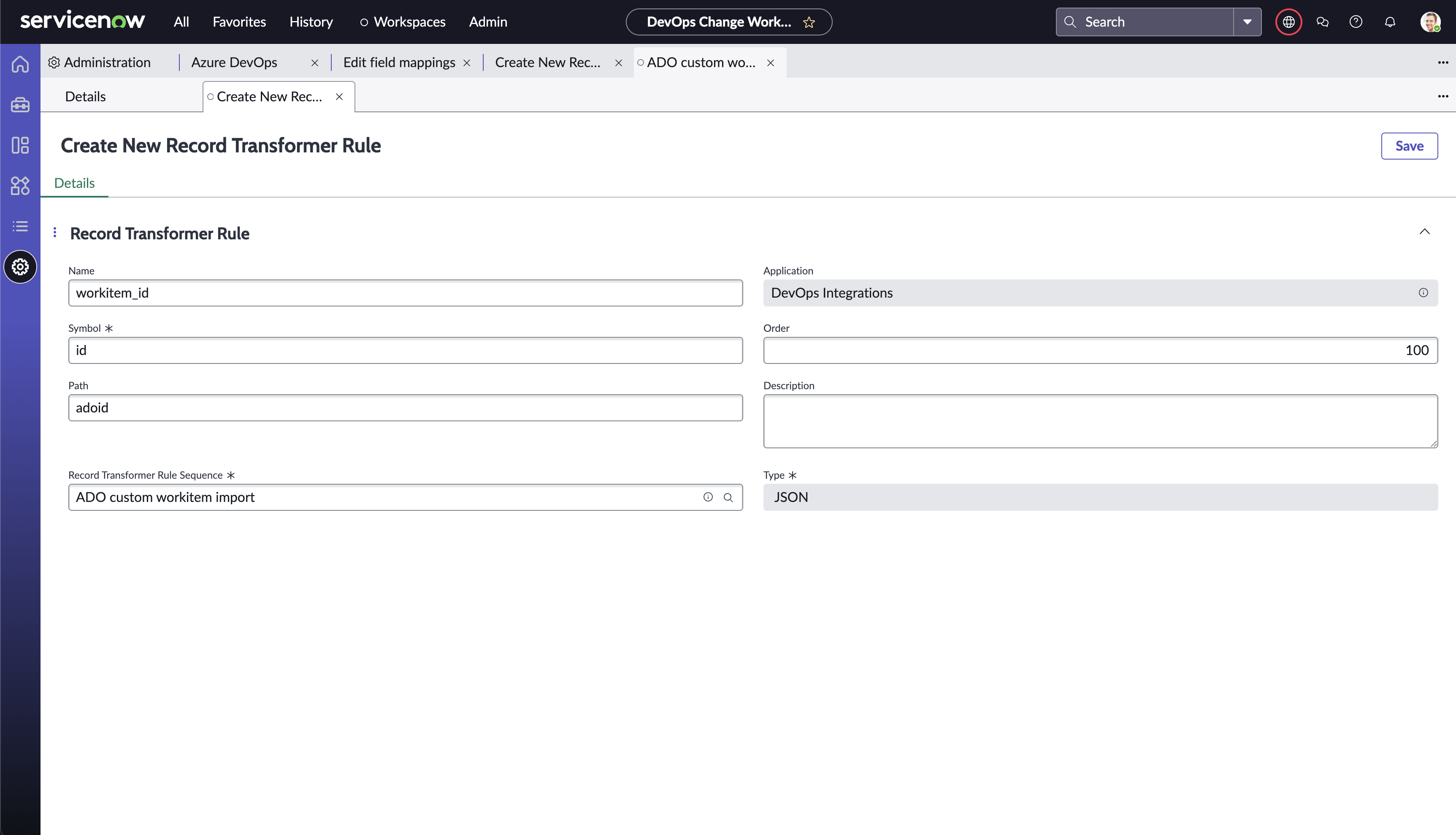 Create new record transformer rule page