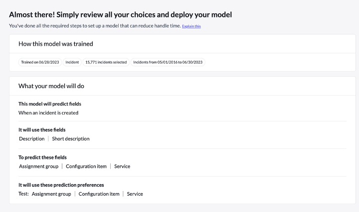 UI of the page to review the model's information. It shows "How this model was trained" and "What your model will do."