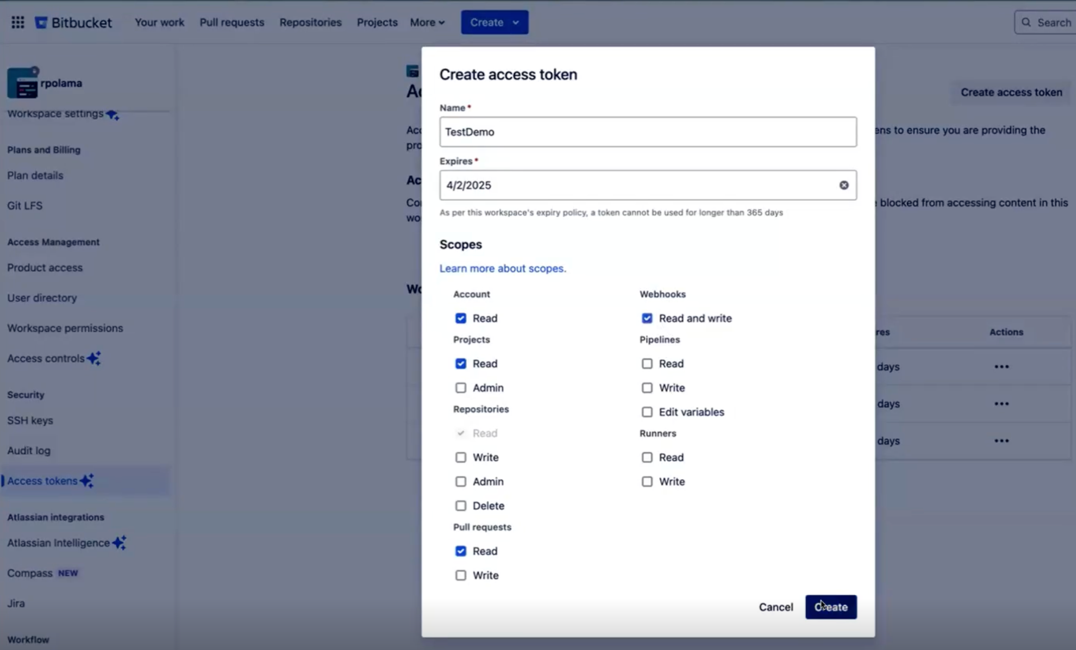 Create Access Token in Bitbucket