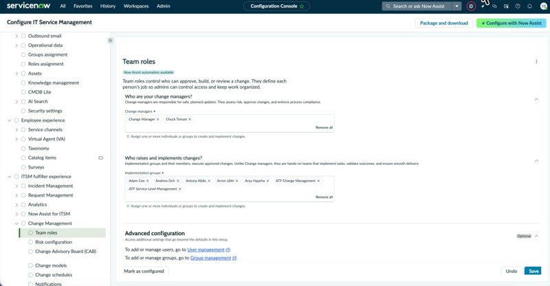 Team roles configuration page