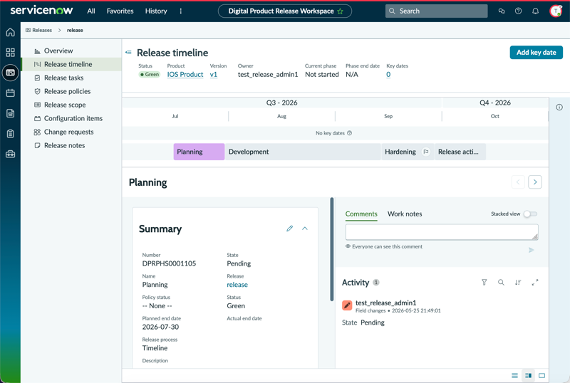 Release timeline page of a time-oriented release to track its progress.