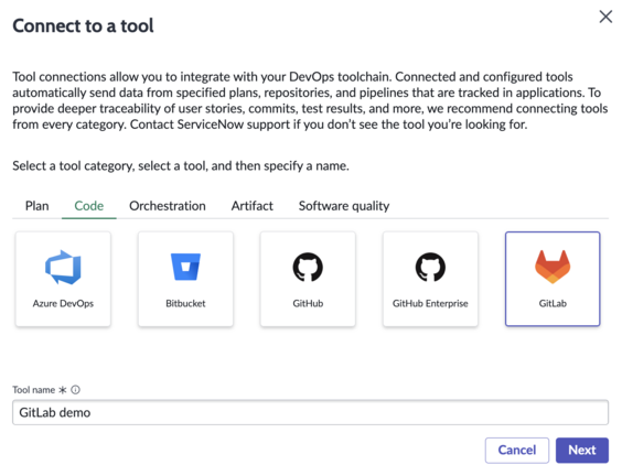 Connect to GitLab tool screen