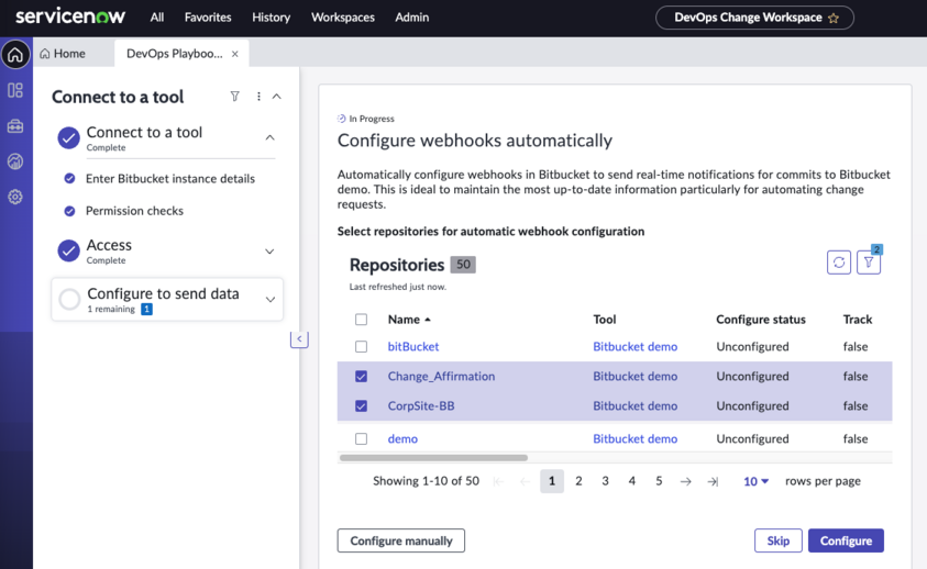 Connect to the Bitbucket tool - select items to configure screen