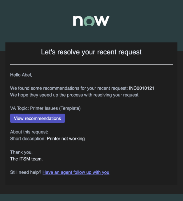 IAR triggered email notification with VA topic recommendation.