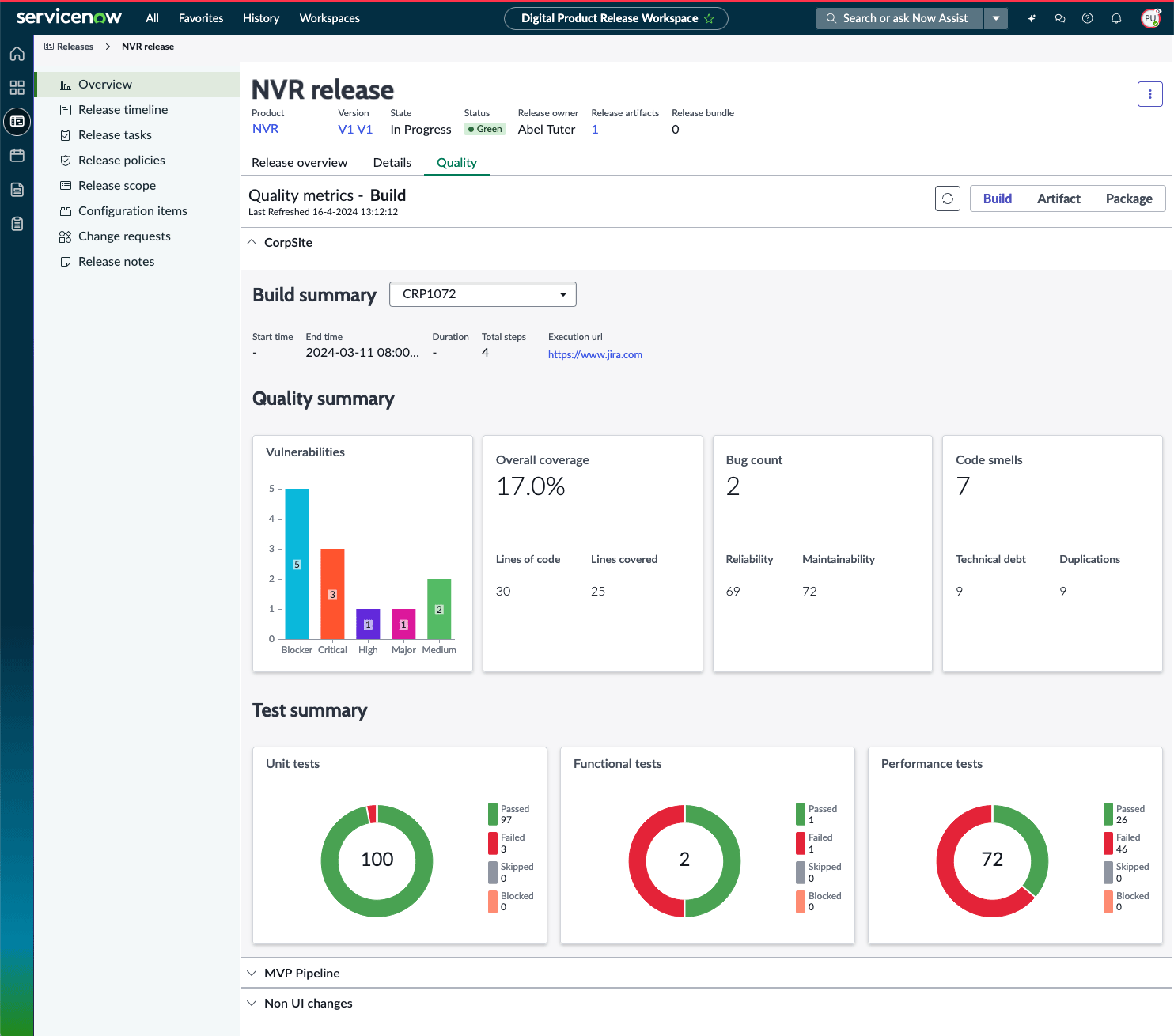 Animated gif showing Build, Artifact, and Package tabs on the Release Quality dashboard.