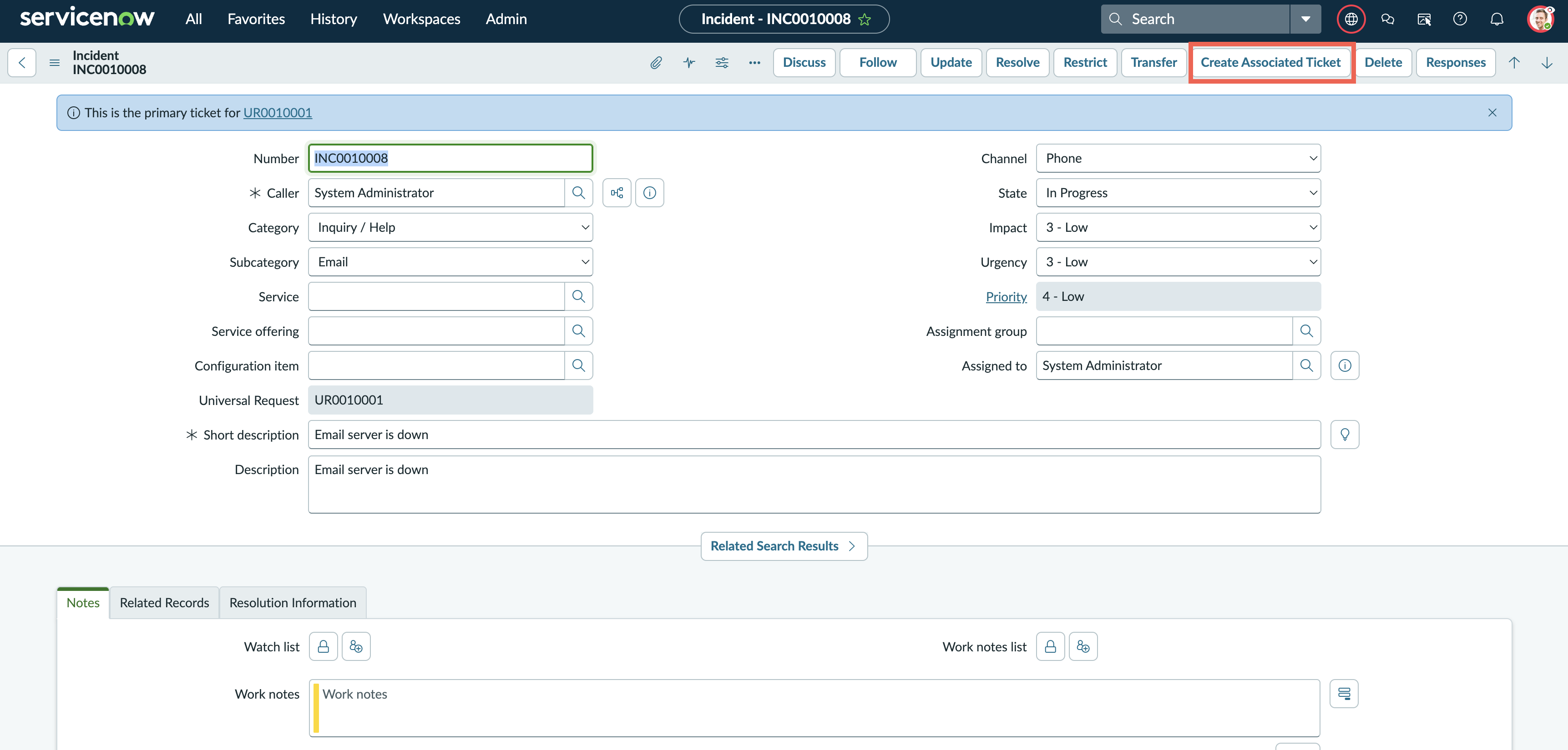 Create associated ticket from incident