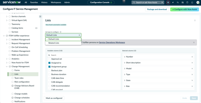 Change lists configuration page
