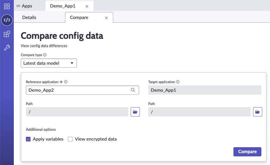 Compare config data tab for setting up the comparison between the target application, Demo_App1 and a reference application, Demo_App2.