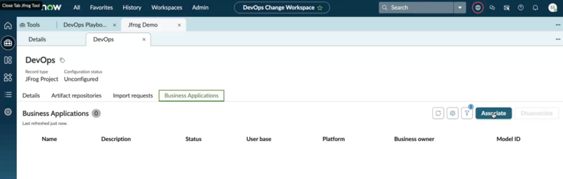 Business Applications tab in a JFrog project