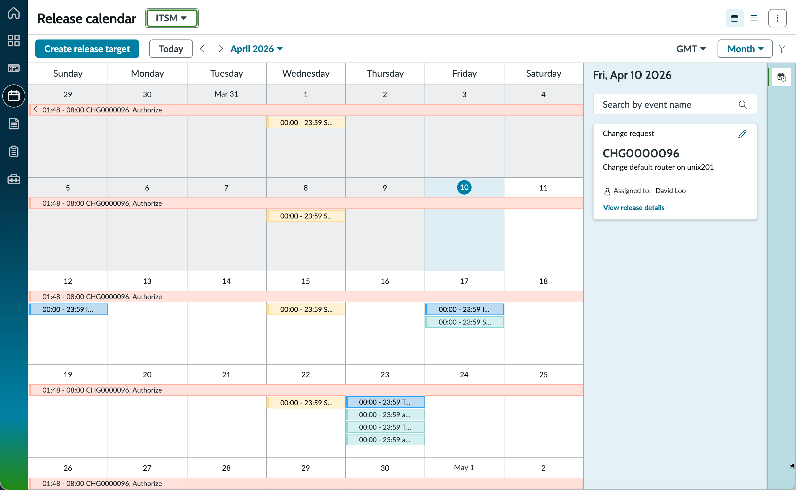 Release calendar showing a monthly view with scheduled change requests, release targets, and schedules.