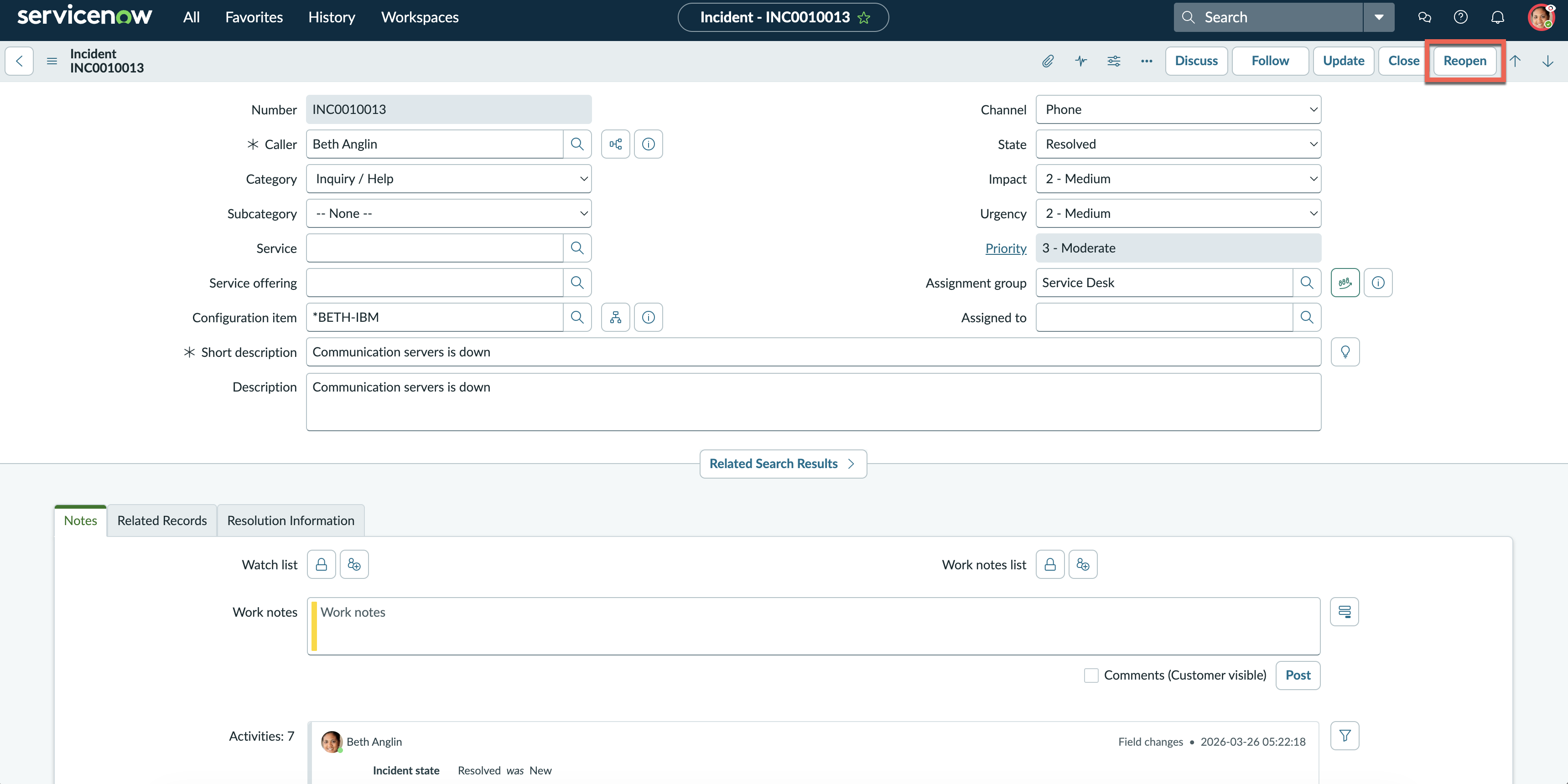 Reopen option on the incident form
