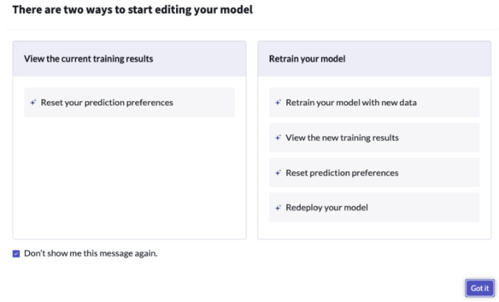 UI of the popup options to edit your model.