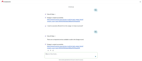 Create outages for a change request agentic workflow output in the ServiceNow Otto panel.