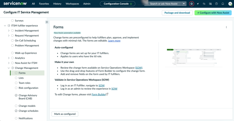 Change forms configuration page