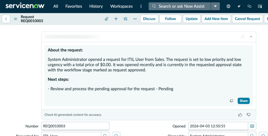 Request summary in the Core UI that provides the context and next steps.