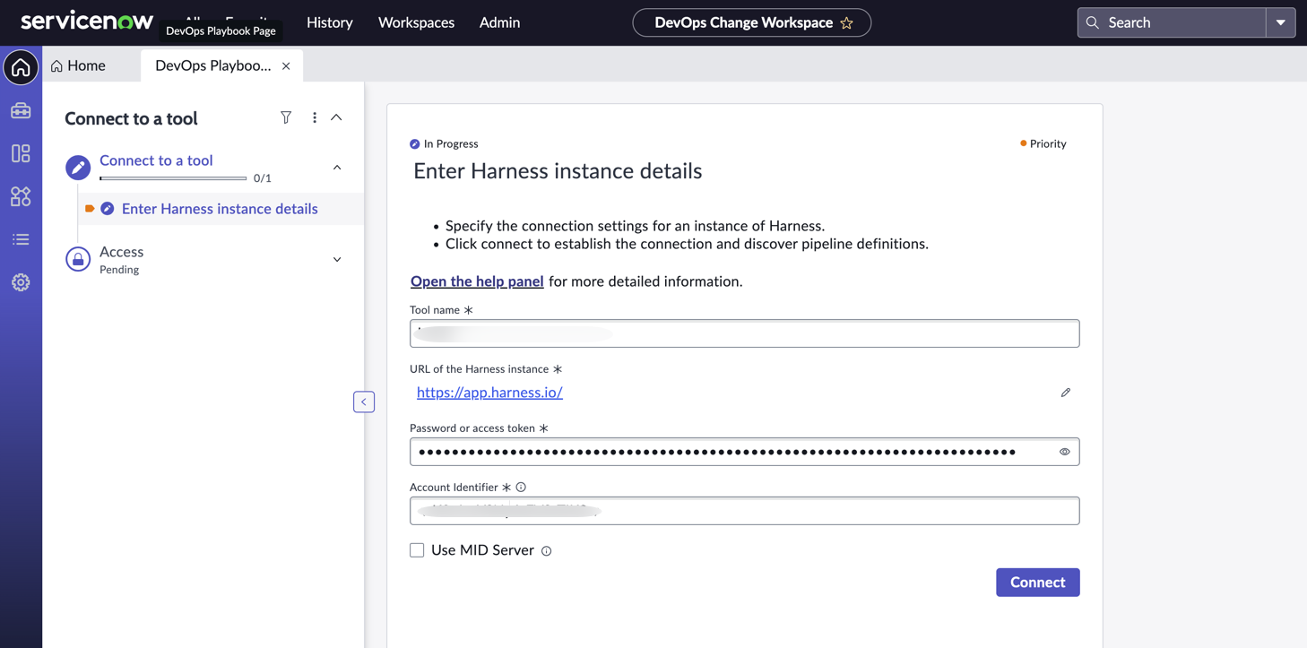 Connect to a tool - Enter instance details page