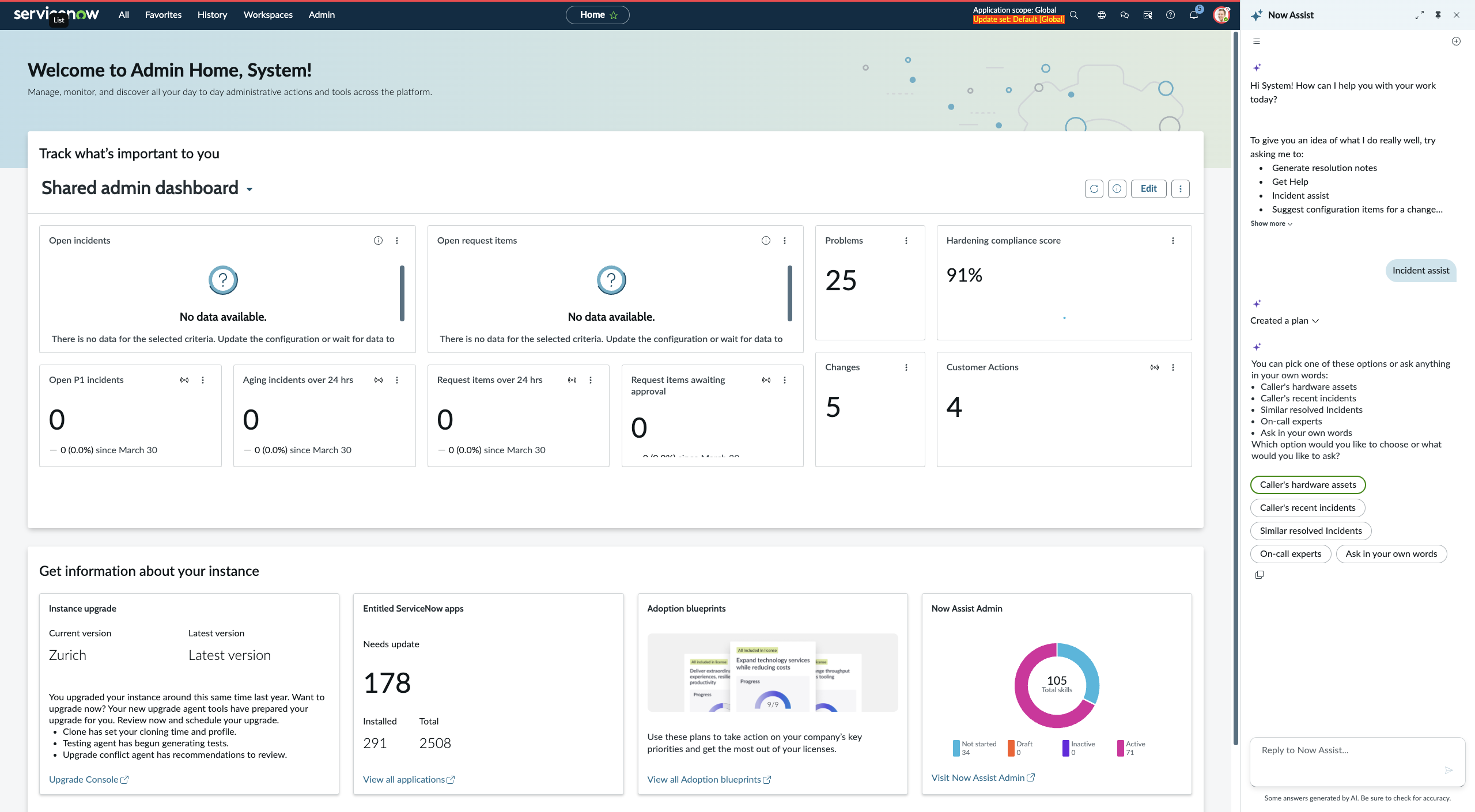 Example of options available using the Incident assist agentic workflow in the Now Assist panel