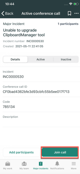Join Active conf call from major incident