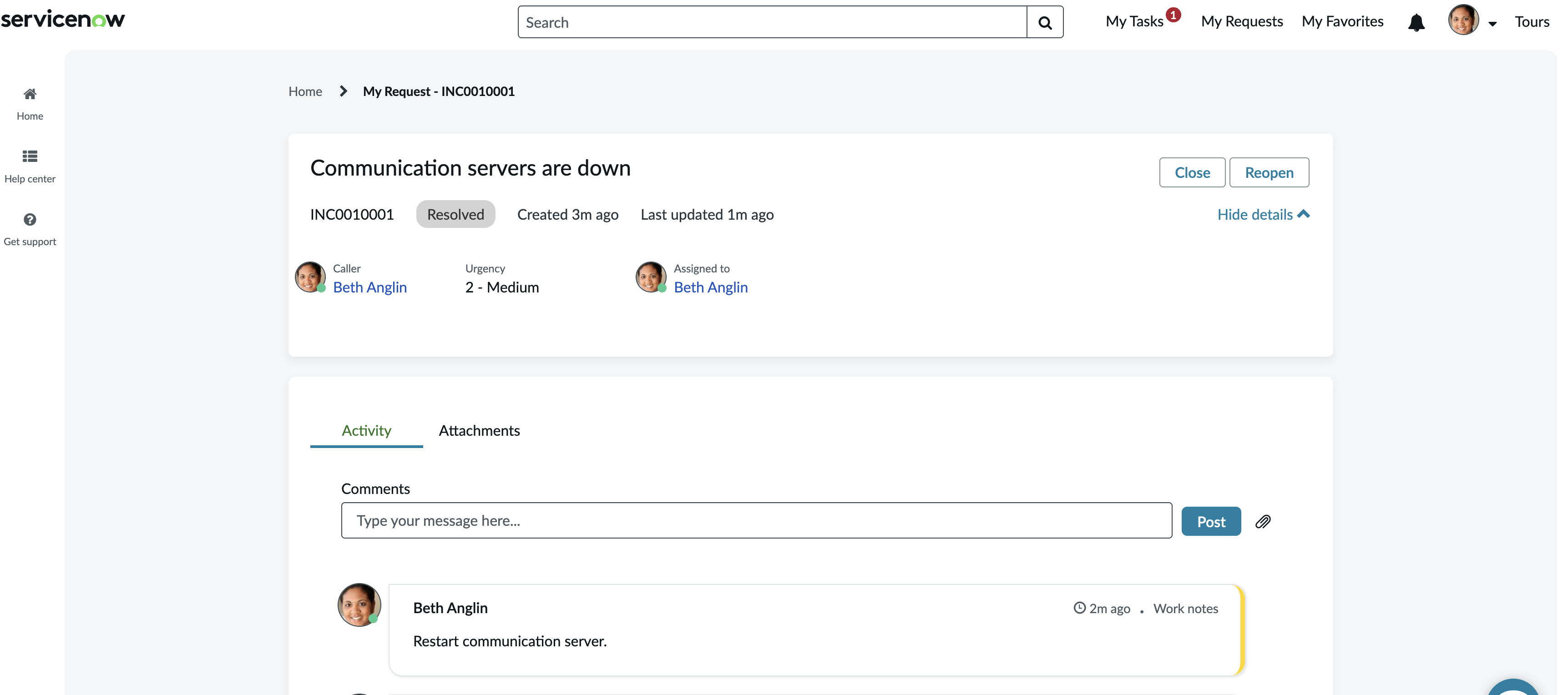 Reopen option in the service portal