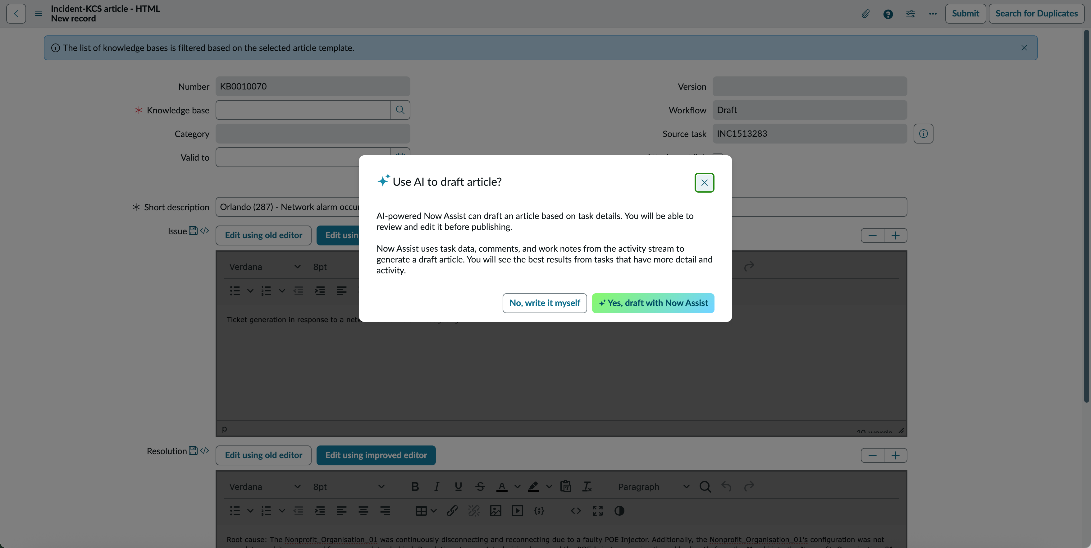 Create a KCS article for an incident in CoreUI