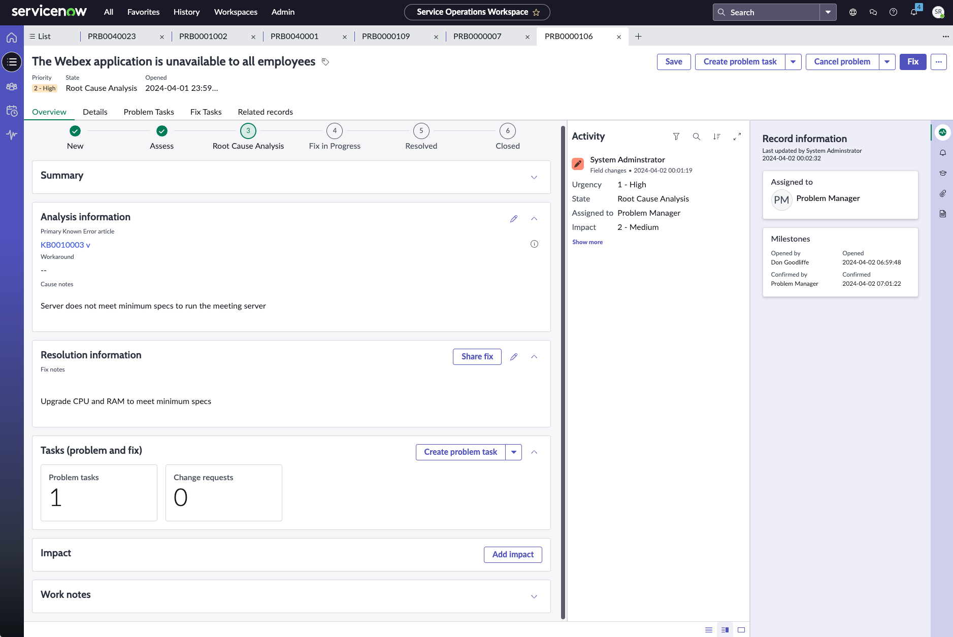 Problem record in Service Operations Workspace