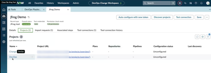 Projects tab in JFrog tool record