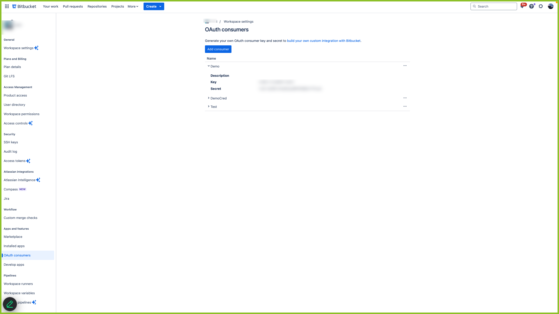 OAuth consumer page