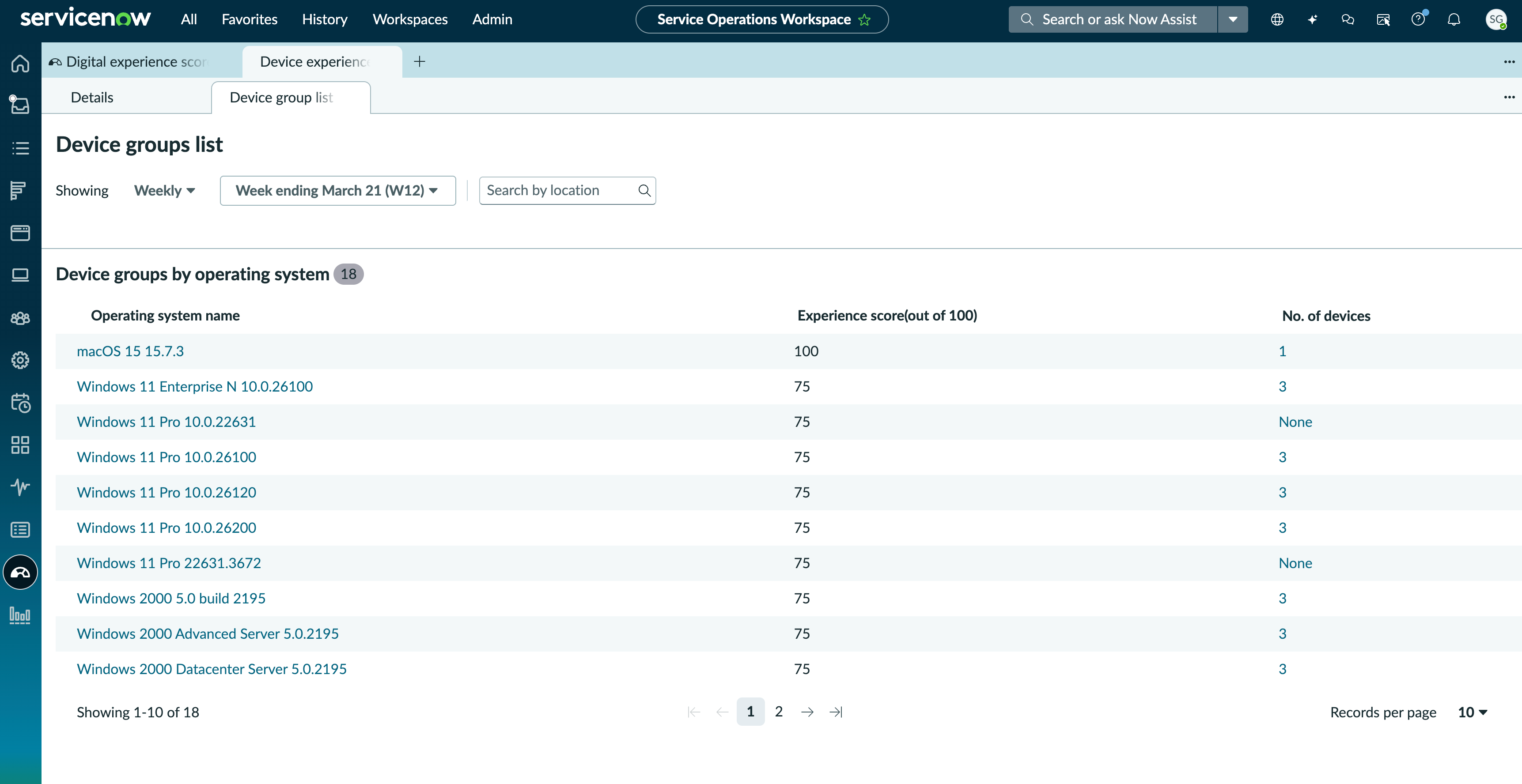 Device groups list page displaying names of operating systems installed on devices, experience scores, and the number of devices on which the operating systems are installed.