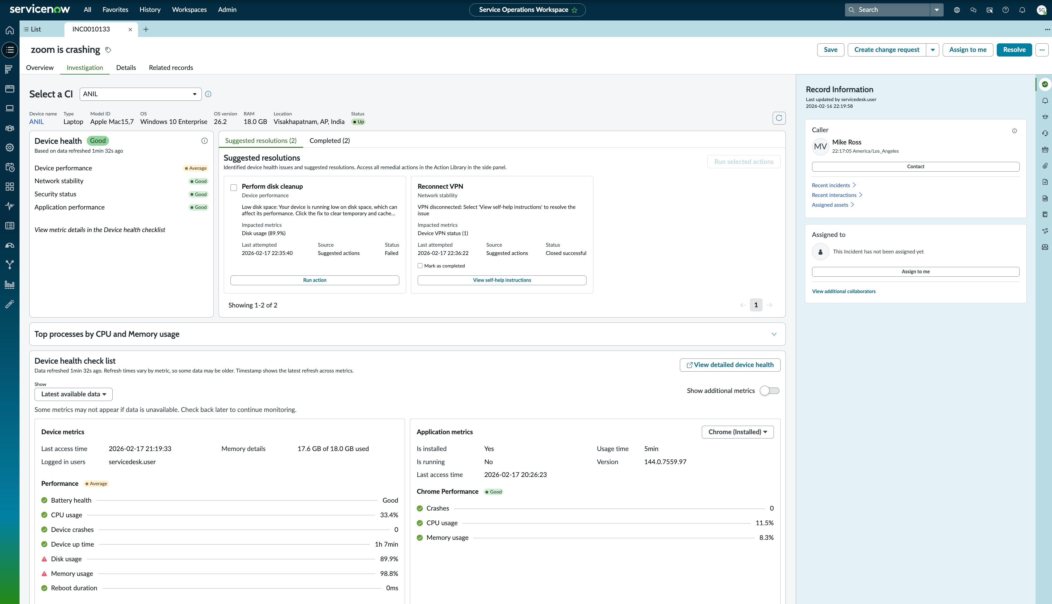 DEX incident diagnostics and suggested resolutions accessed from the Investigation tab of an incident record