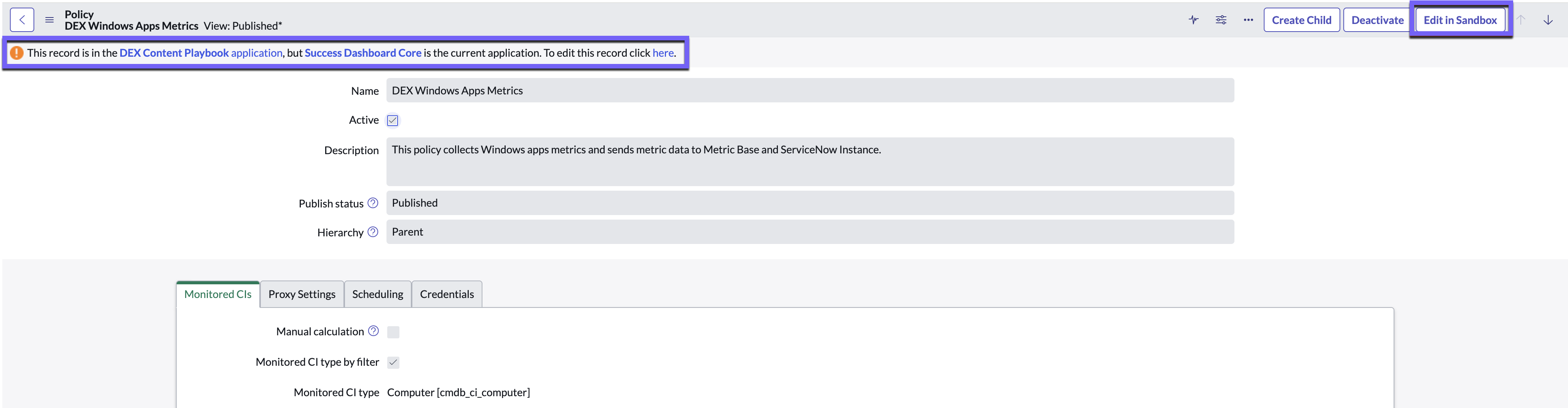 Policy form with the record application and the Edit in Sandbox button highlighted