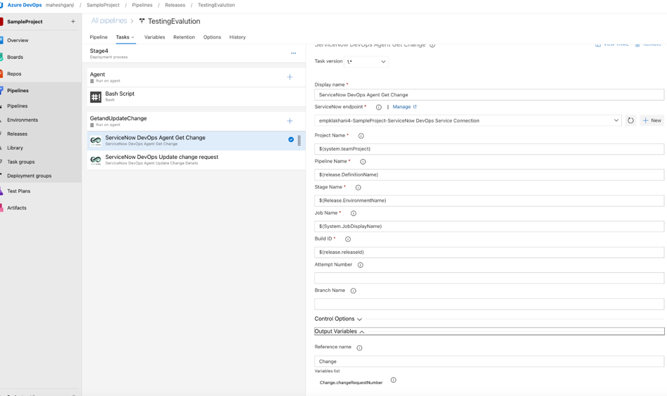 ServiceNow DevOps Agent Get Change task
