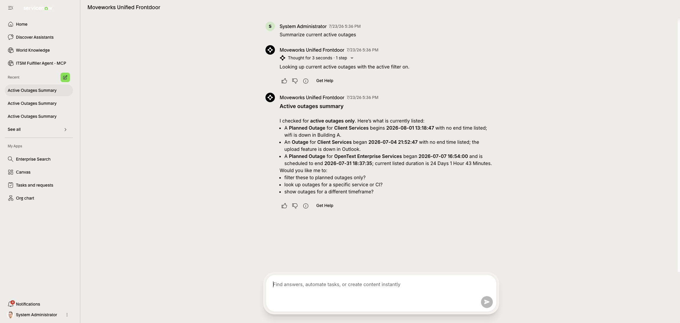 Ask Otto chat in ITSM Employee Slate for Moveworks