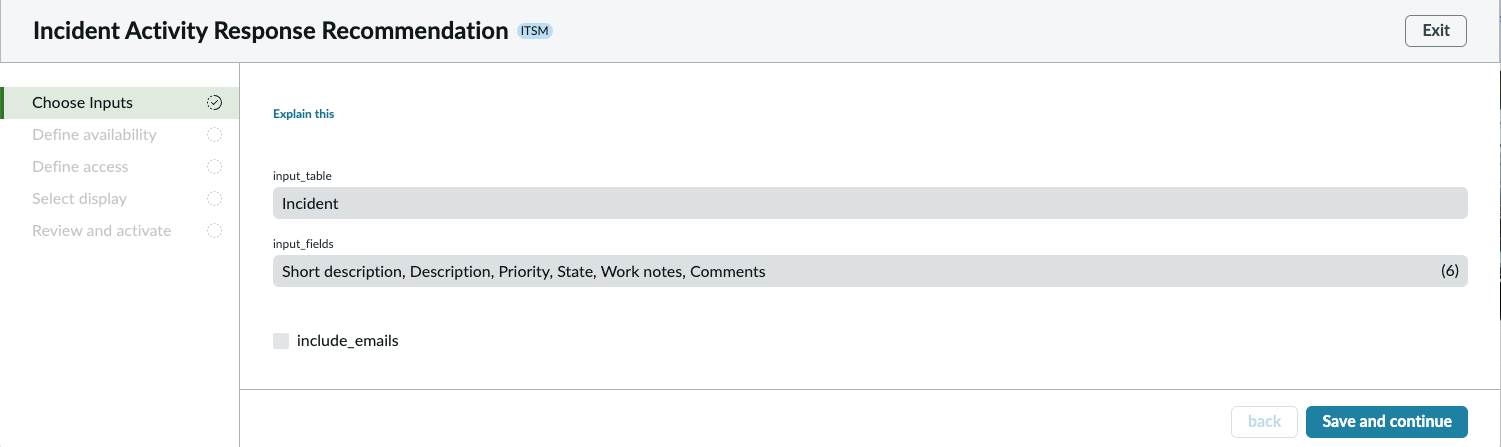 Choose input data screen for activity response generation that contains the input table and fields to define the prompt.