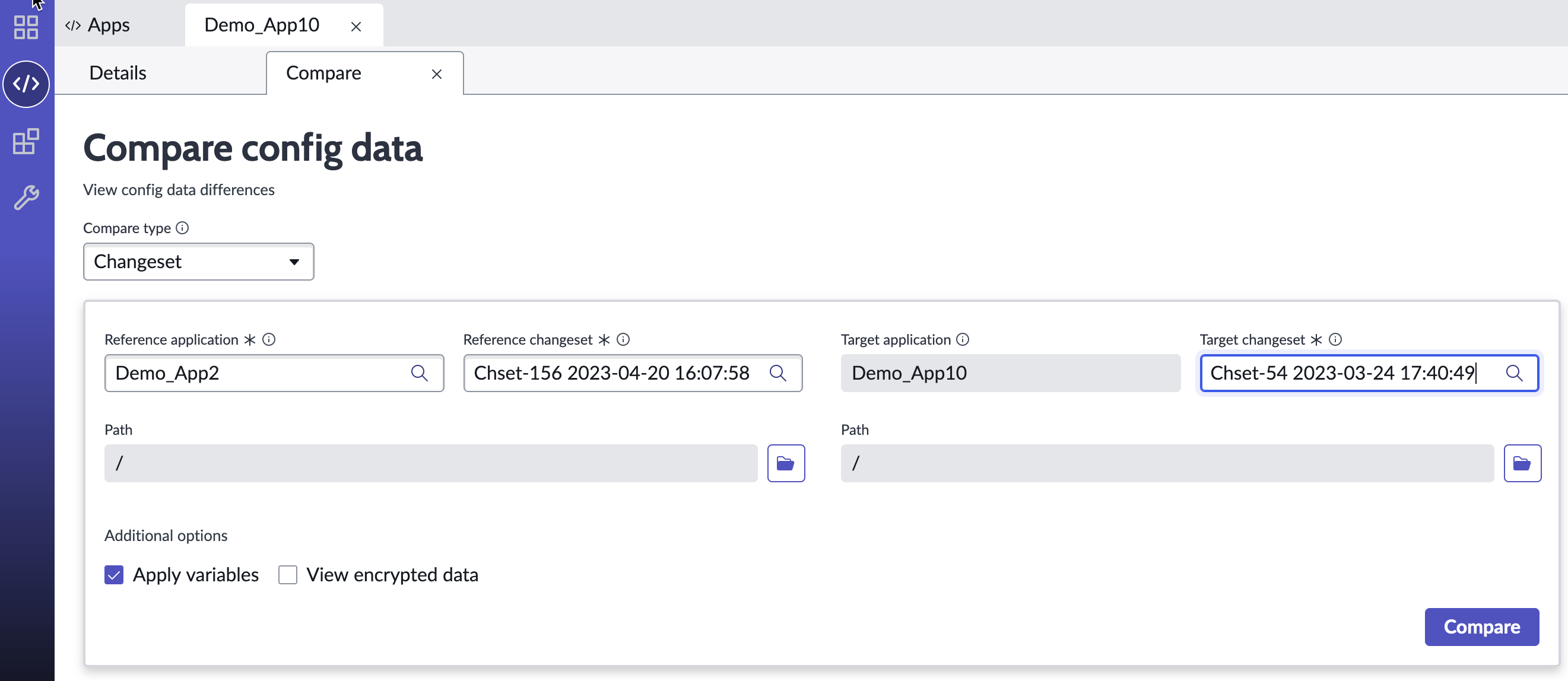 Compare config data tab for comparing application changesets.