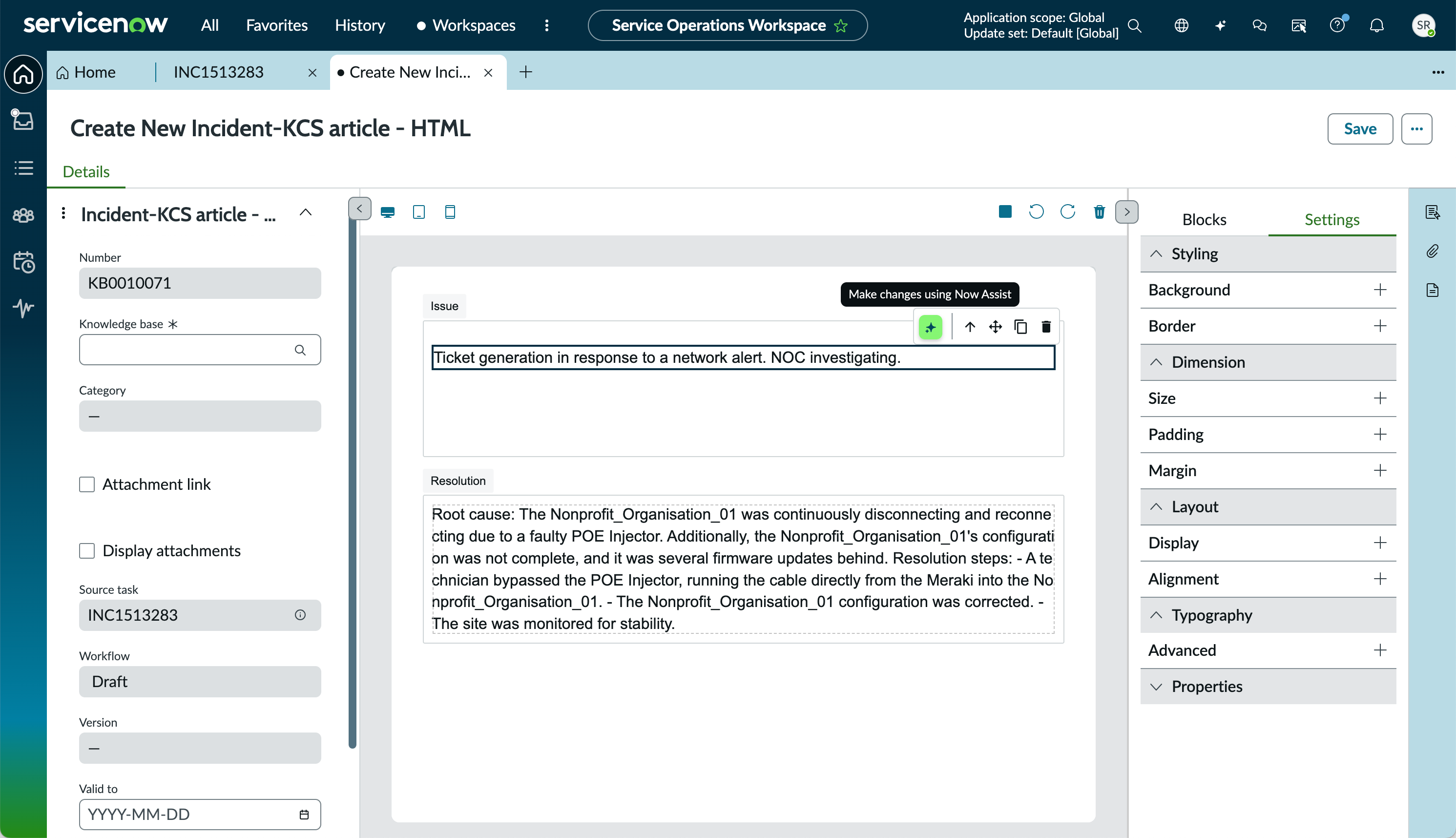 Create a KCS article for an incident in SOW-Article body sections populated from fields in the corresponding incident