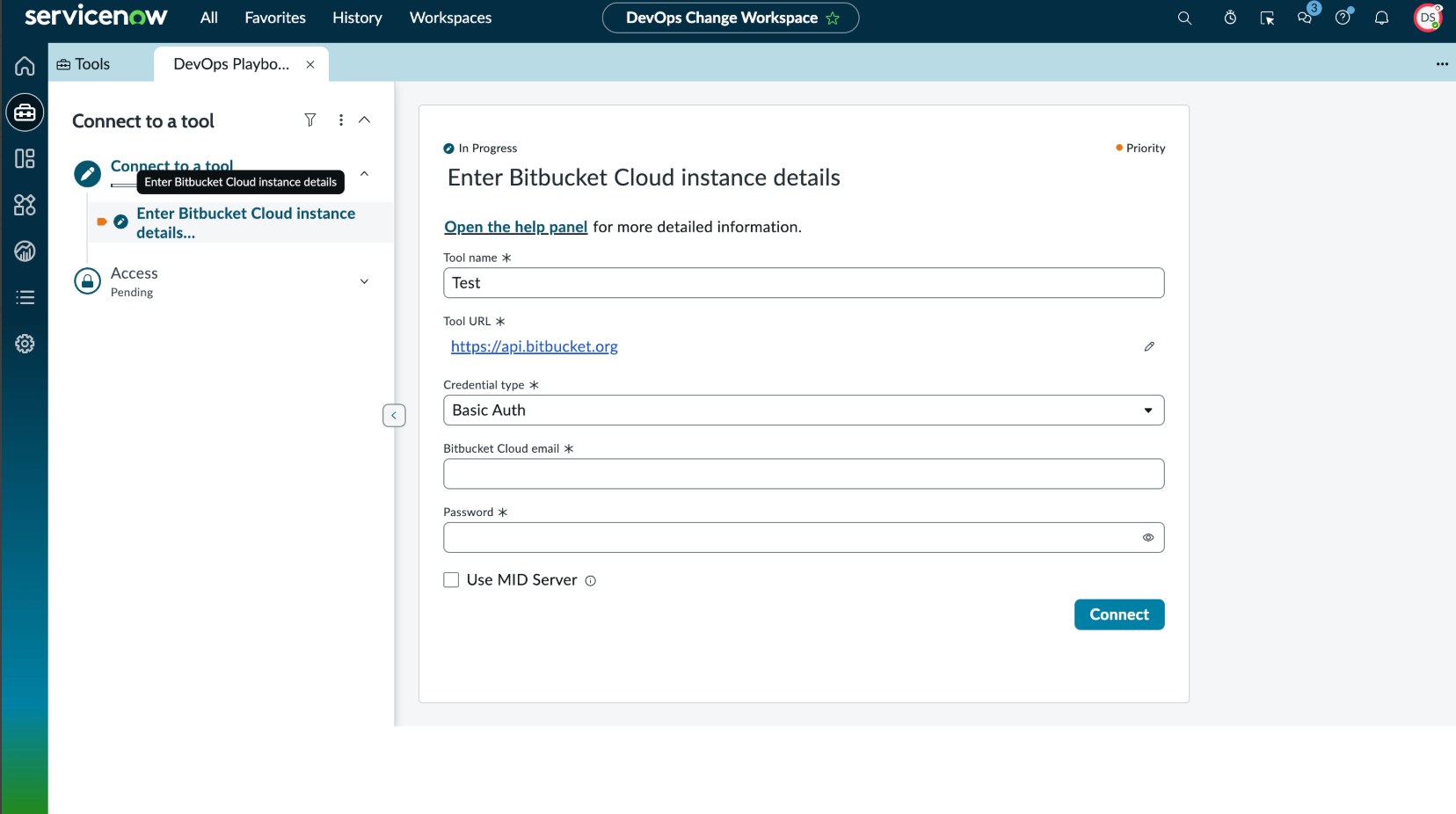 Enter Bitbucket instance details page for Bitbucket Cloud - Basic Auth