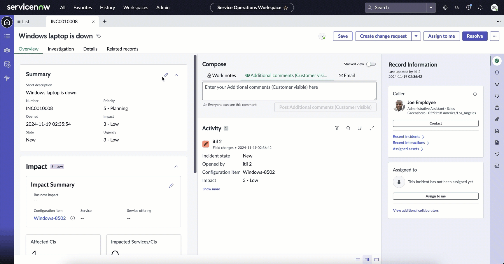 Tabs of an incident record