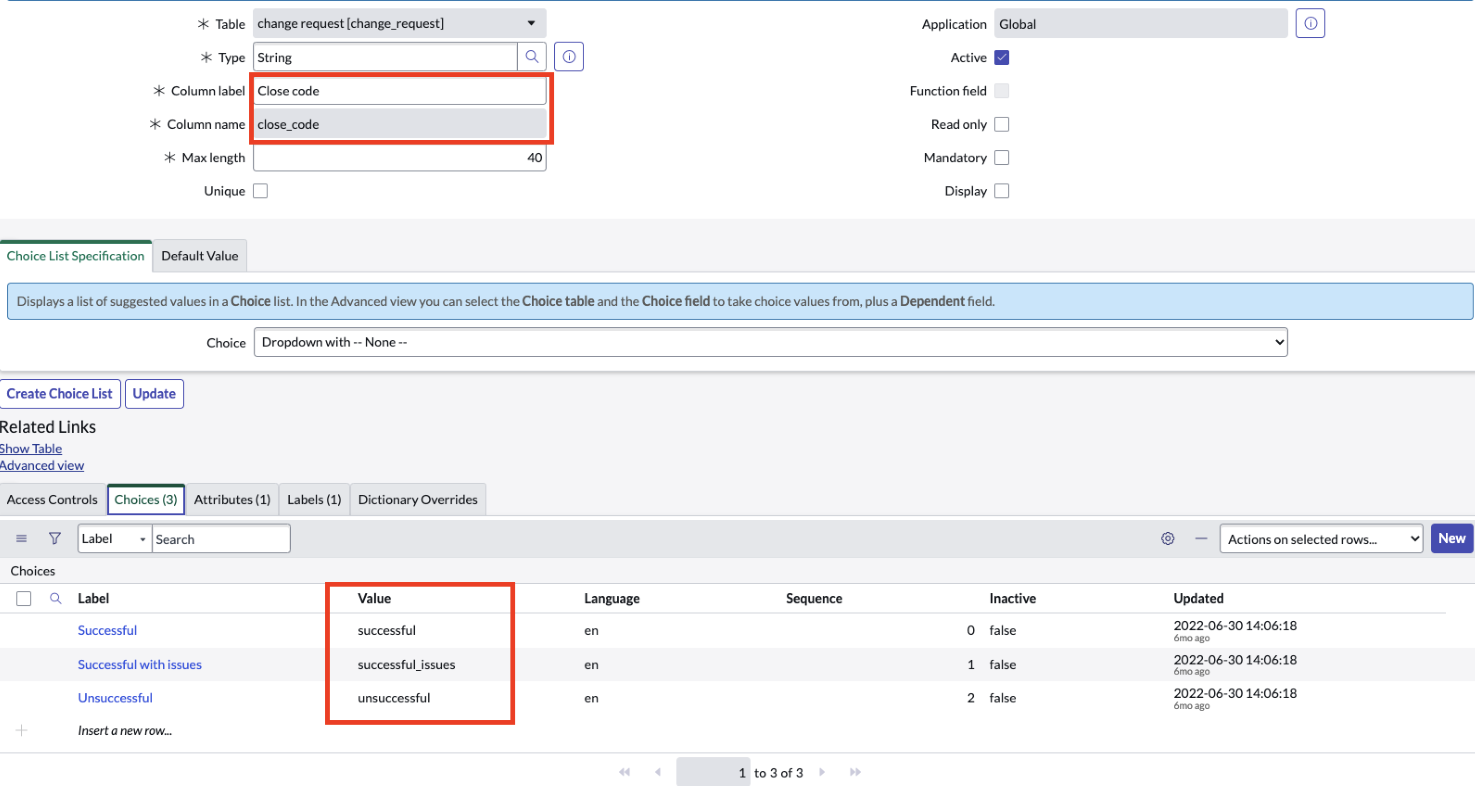 Choice values for the Close code field
