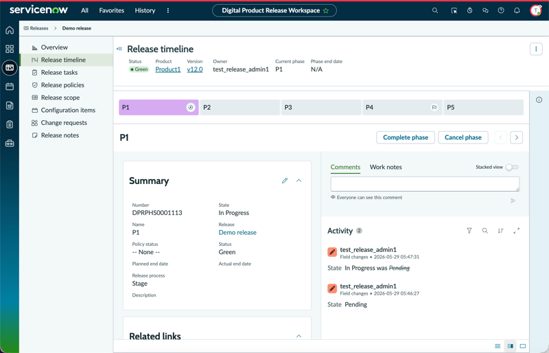 Release execution page of a stage-oriented release to track its progress.