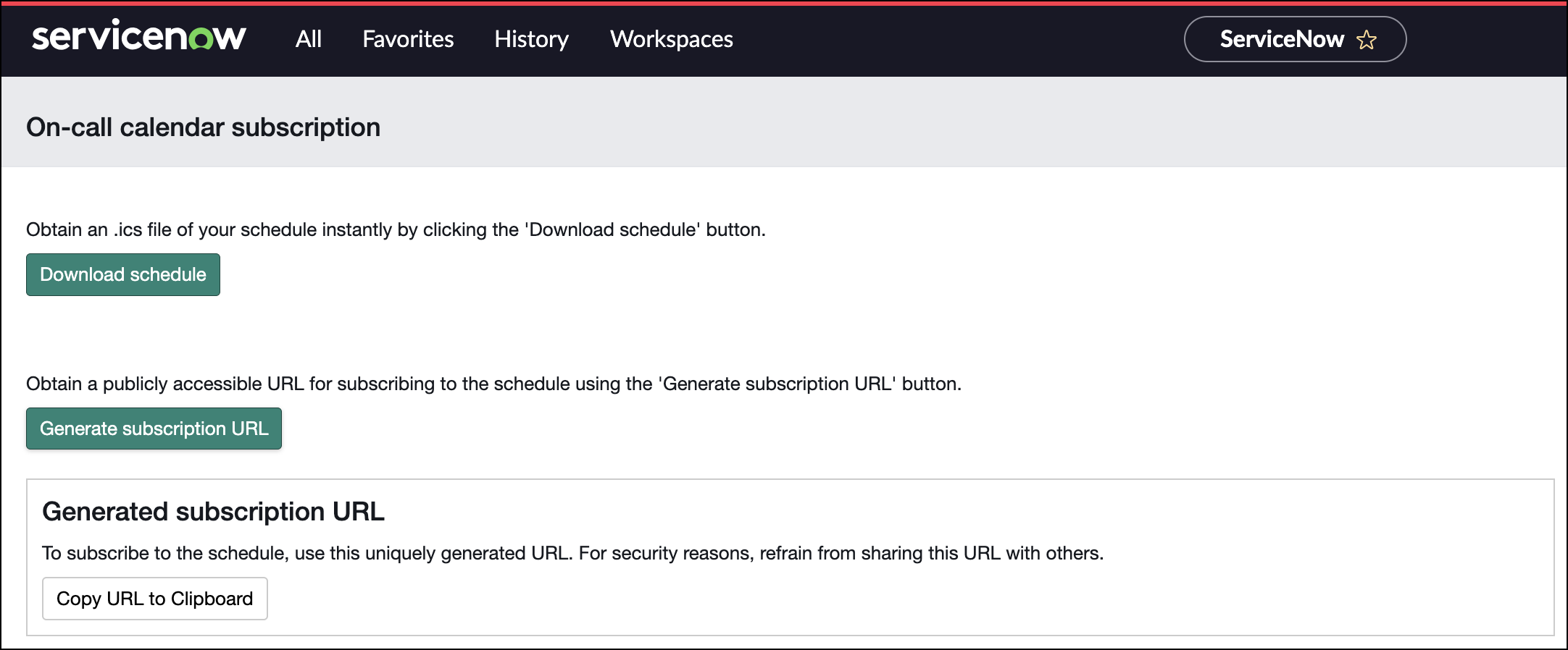The screen shows the option to download the schedule or to obtain a publicly accessible URL for subscribing to the schedule.