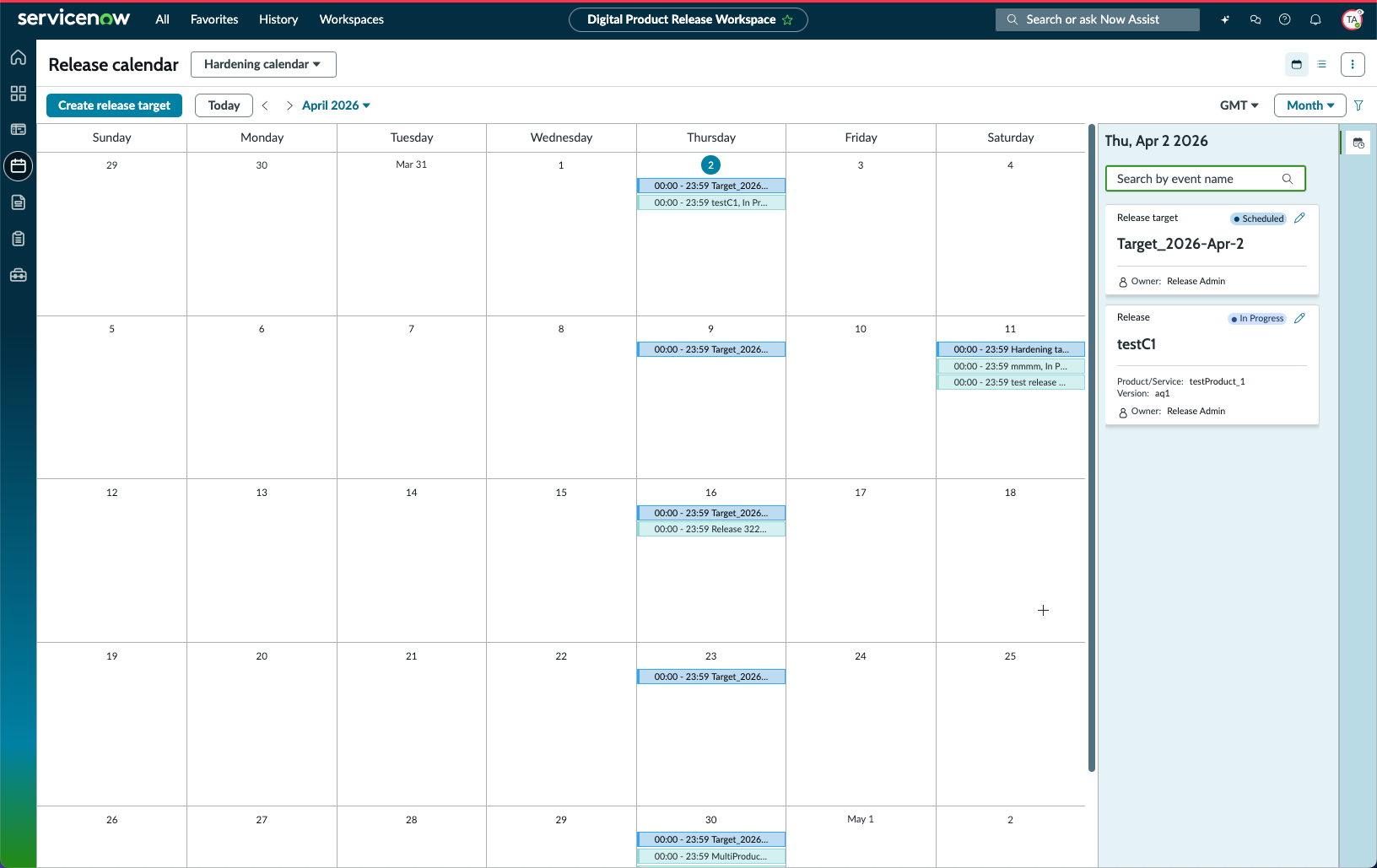 Release calendar view showing release readiness targets, releases, and change requests.