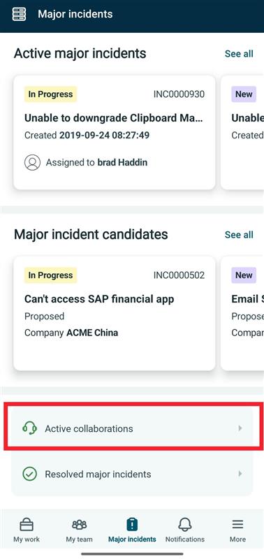 Active collaborations in major incident tab.