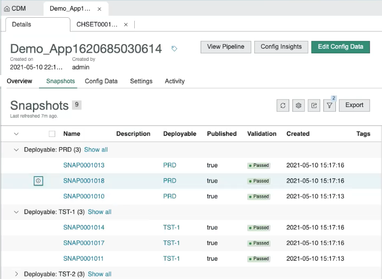 Snapshots tab for a mature application