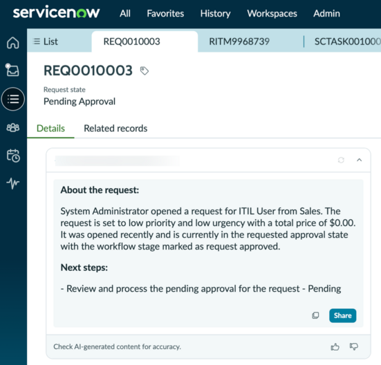 Request summary in Service Operations Workspace for ITSM that provides the context and next steps.