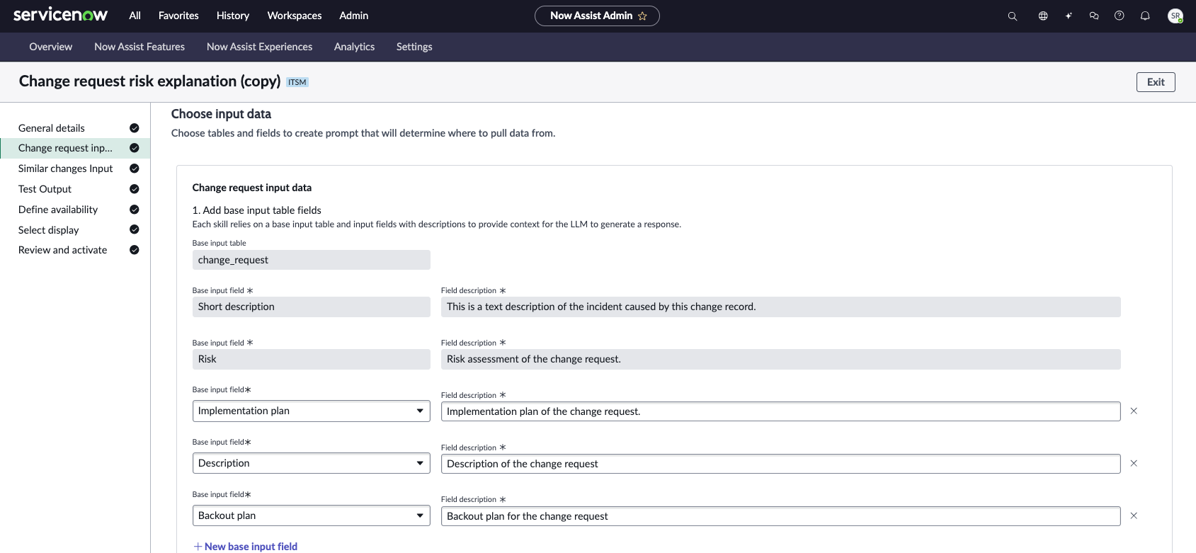 Change request risk form with editable input fields: Implementation plan, Description, Backout plan, and option to add new fields.